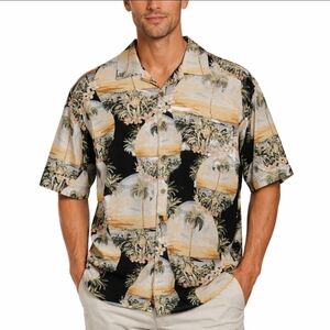 Jamaica Jaxx Mens 100% Silk Hawaiian Shirt Large Sunset Palm Tree Tropical Beach
